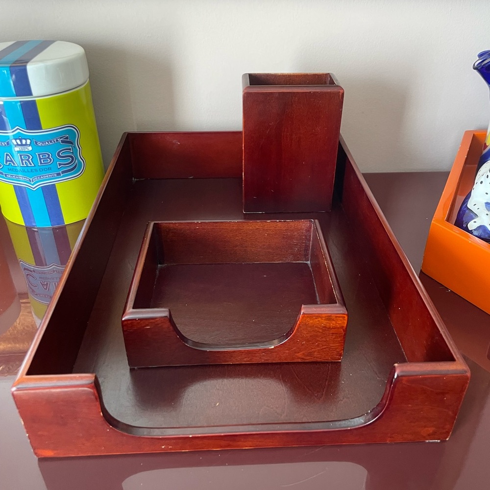 Vintage Wood 3 Piece Desk Stationary Set for Paper Pens Cards